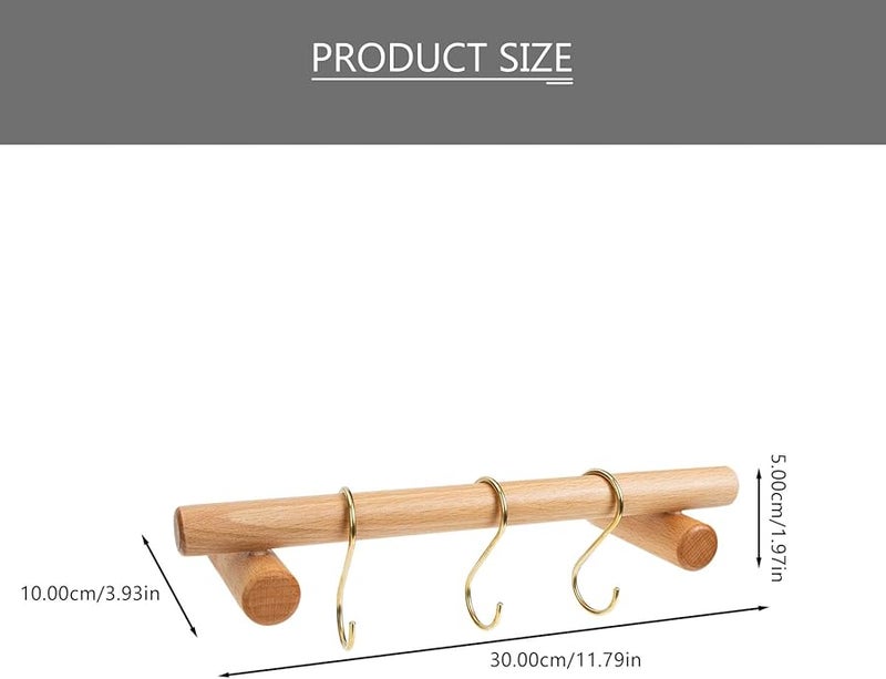 Solid Beech Wood Wall Mounted Towel Bar Rack 30cm With 3 Brass Hooks For Kitchen Bathroom - Image 2